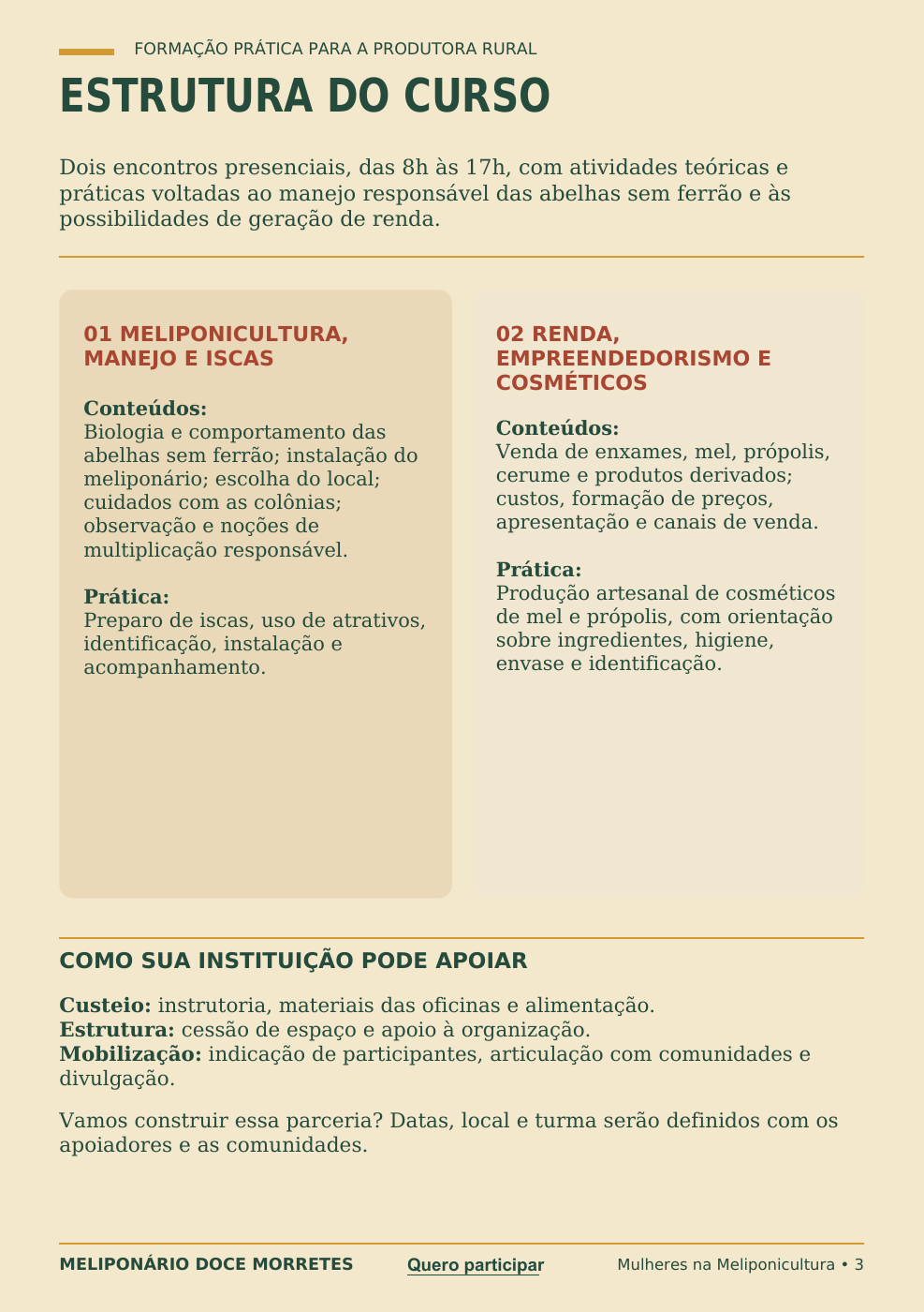 Estrutura do curso: dois encontros sobre meliponicultura, manejo, iscas, renda, empreendedorismo e cosméticos. Apoio institucional e organização com as comunidades.