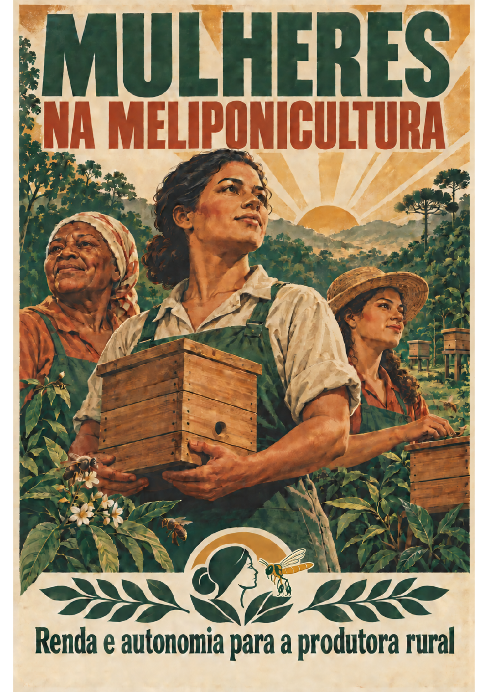 Capa do projeto Mulheres na Meliponicultura, com mulheres junto a caixas de abelhas